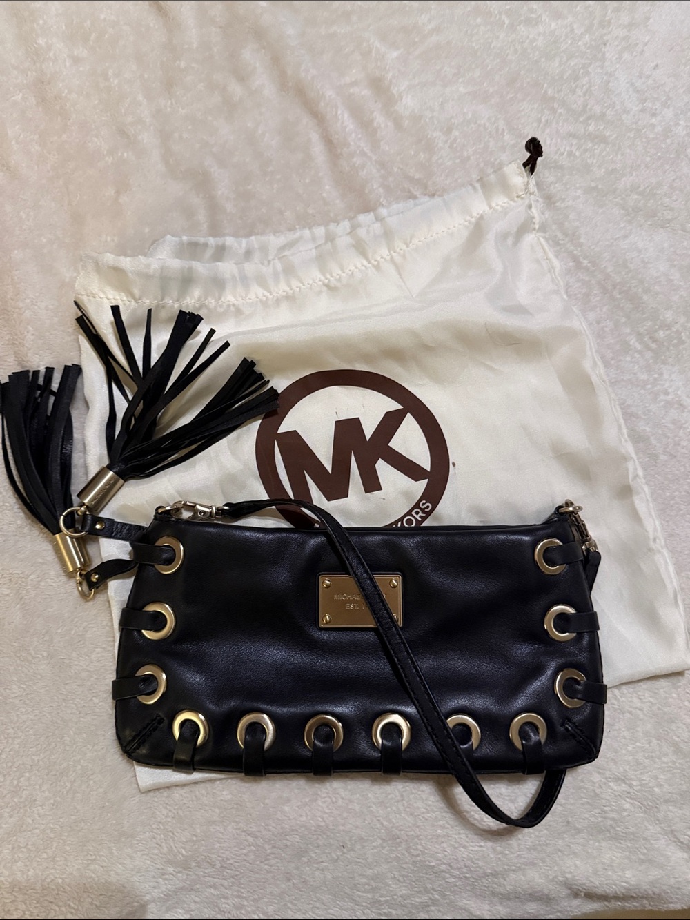 Michael Kors Black Leather Crossbody with Gold Grommet Accents
